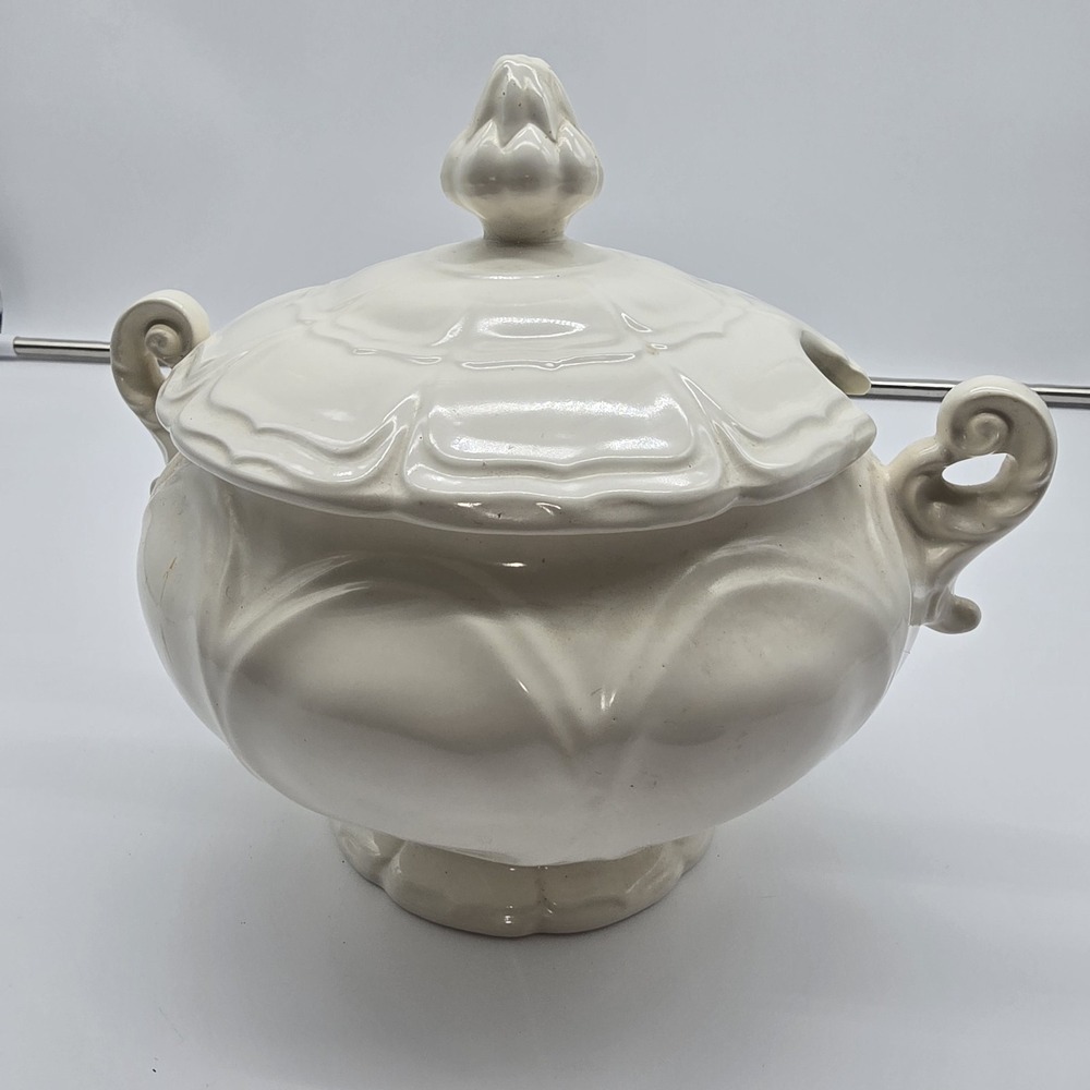 VTG Antique French Ivory Ceramic Lidded Serving Dish With Curved Handles - Picture 7 of 11